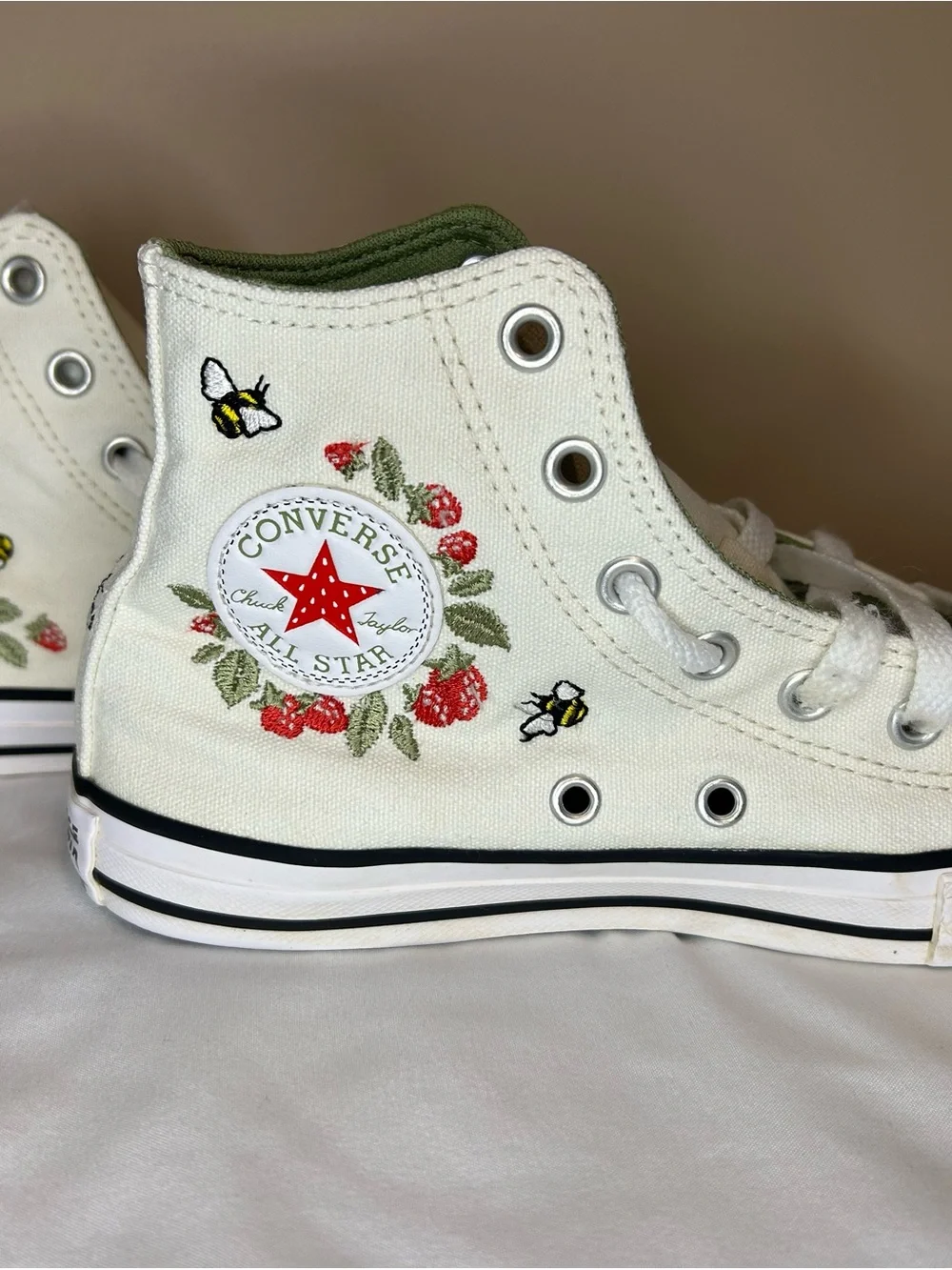 Converse Kids' White High-Top Sneakers with Strawberries & Bee Embroidery